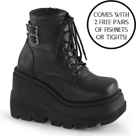 Demonia Shoes - Demonia Shaker-52 Black Vegan Leather Platform Ankle Boots